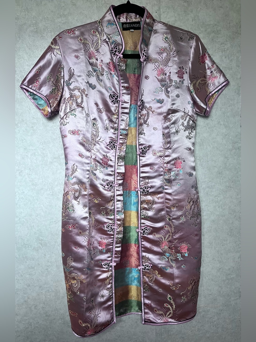 Tangyi Pink Satin Embroidered Brocade Qipao Cheongsam Mandarin Dress Size XS